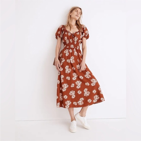 Madewell Linen-blend Sophia Midi Dress in Rusty Torch Size XS Smocked Waist - Picture 1 of 10